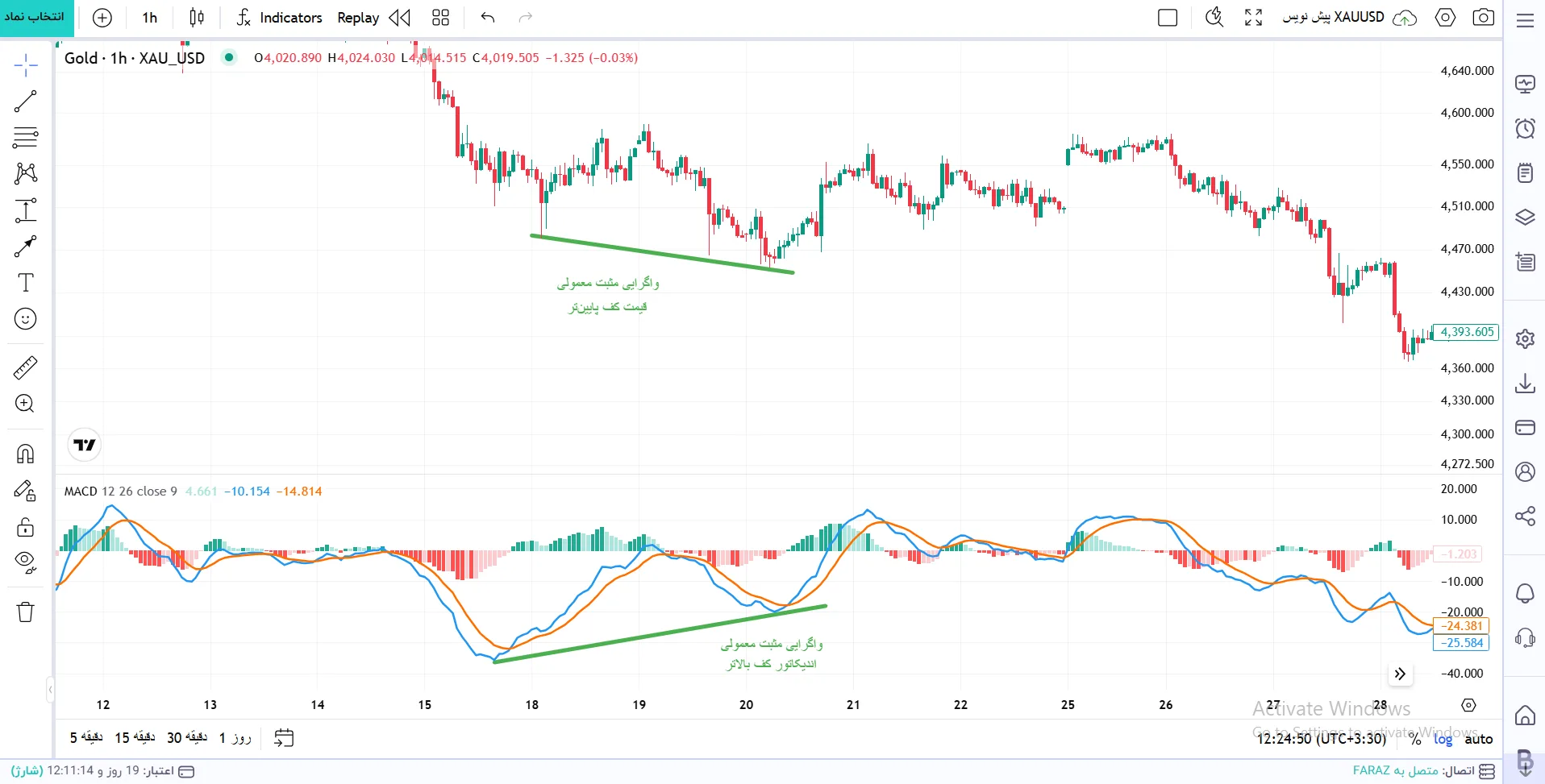 واگرایی مثبت معمولی (Bullish Divergence):