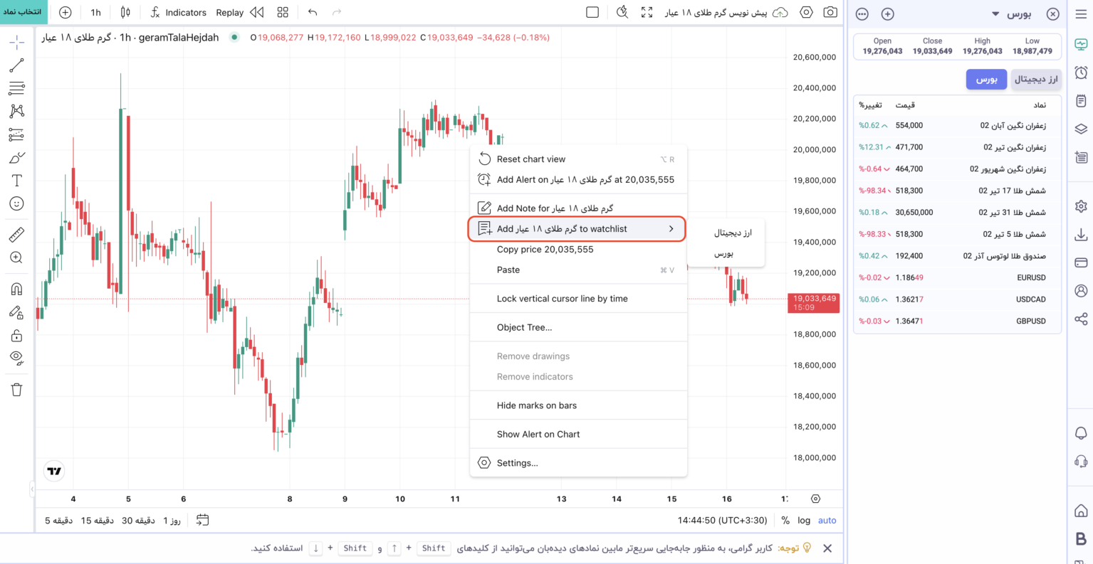 افزودن نماد به دیدهبان از طریق کلیک راست