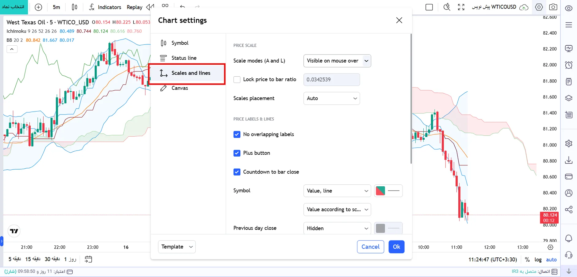 انتخاب تب Scales and lines
