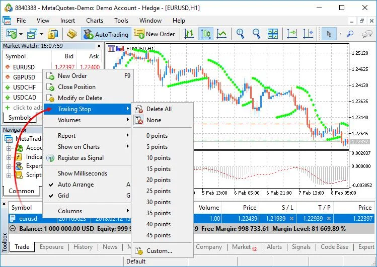 نحوه تنظیم تریلینگ استاپ در متاتریدر