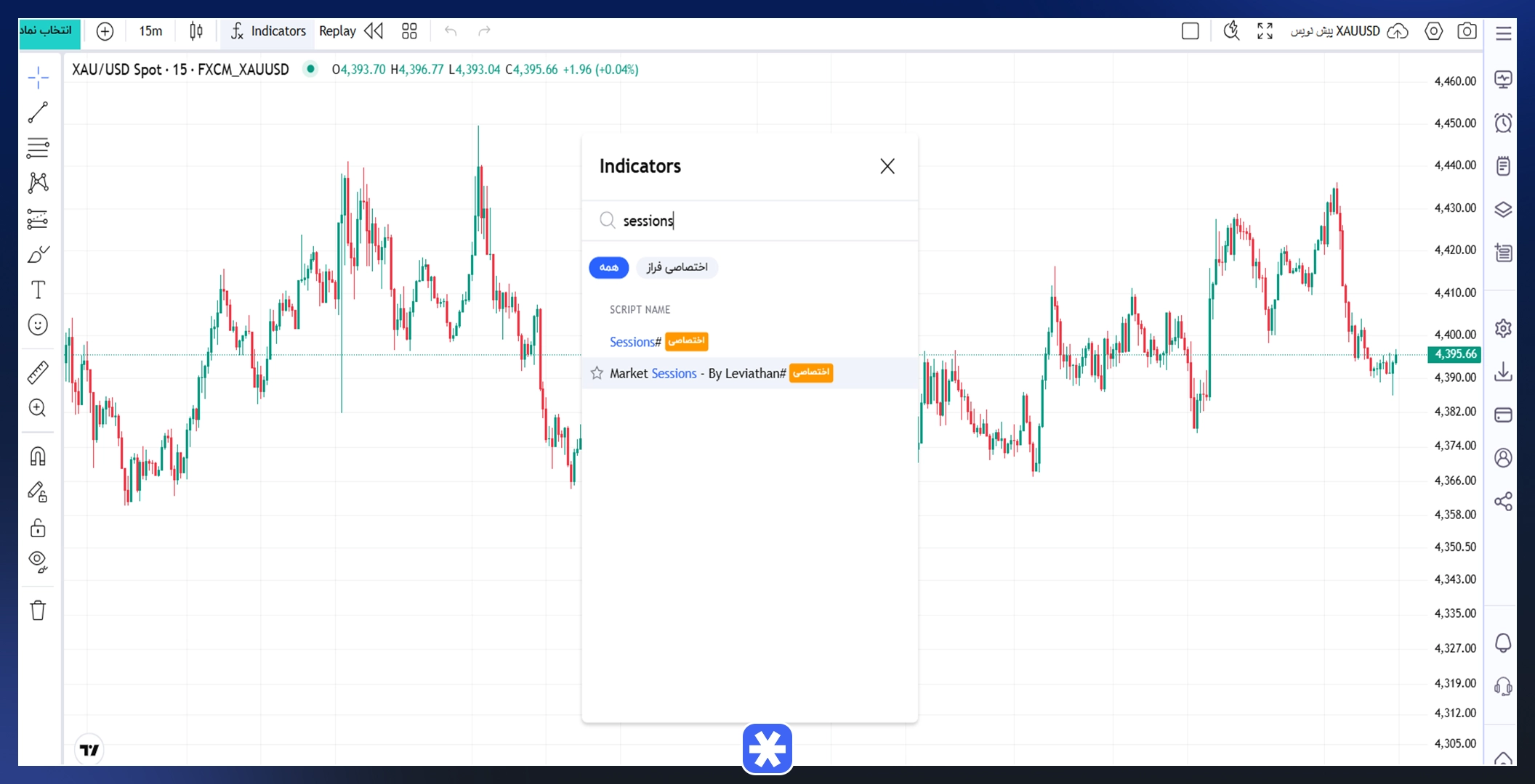 در قسمت جست‌وجوی اندیکاتورها، عبارت Session یا Market Sessions را وارد کنید.