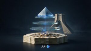 تصویر مفهومی پایه پولی؛ سکه و اسکناس واقعی به‌عنوان پایه و لایه‌های شیشه‌ای بزرگ‌تر نقدینگی روی آن