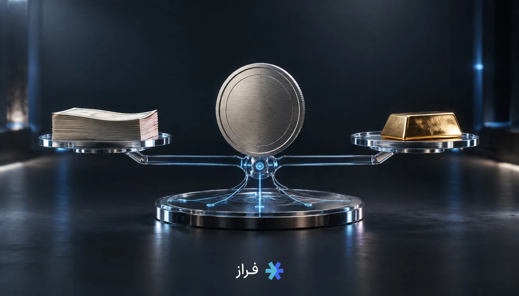 سکه‌ای فلزی در حالت تعادل روی ترازوی شیشه‌ای، نماد استیبل کوین و ارز دیجیتال باثبات
