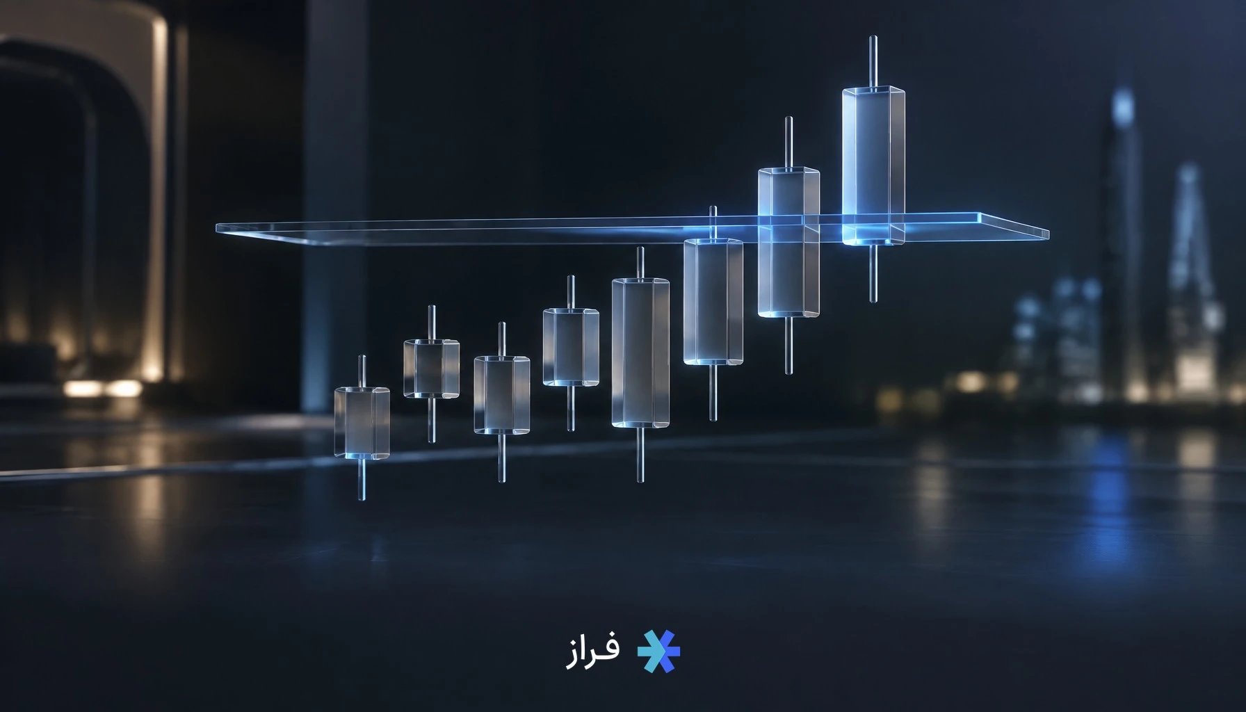 کندل استیک‌های شیشه‌ای در حال عبور از سقف محدوده قیمتی، نمادی از شکست در تحلیل تکنیکال