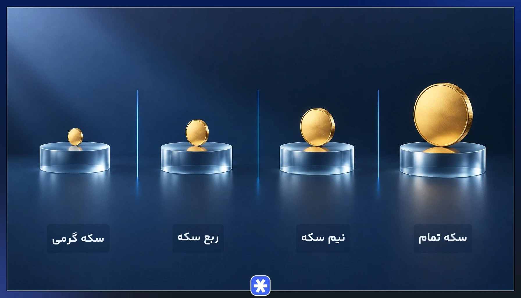 مقایسه اندازه انواع سکه بهار آزادی شامل سکه تمام، نیم سکه، ربع سکه و سکه گرمی